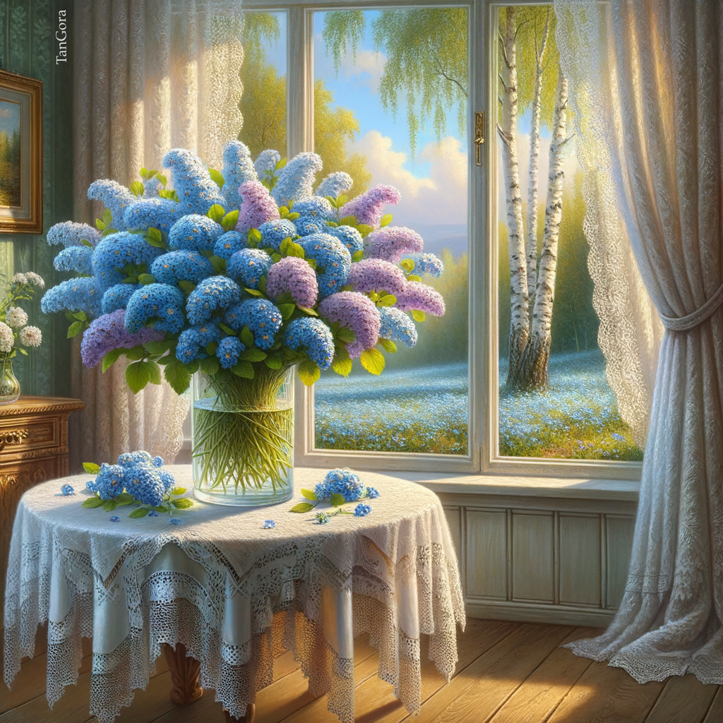Vibrant Blue and Purple Flowers in Glass Vase