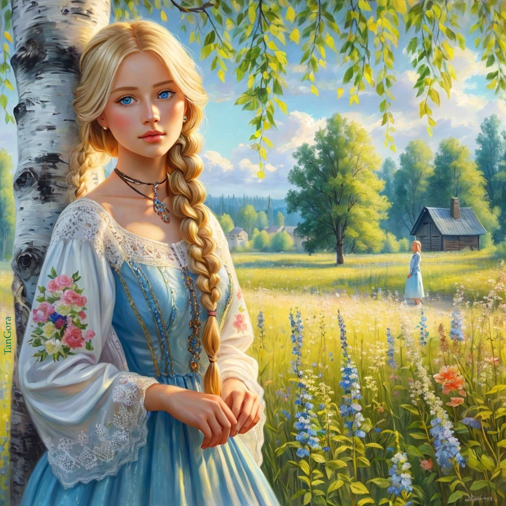 Young woman in blue dress by birch tree in meadow