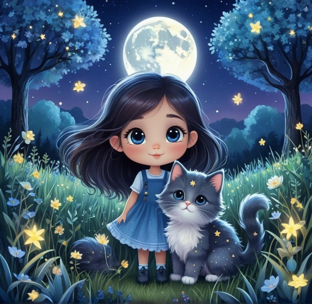 Whimsical Night Scene of Girl and Cat in Moonlit Field