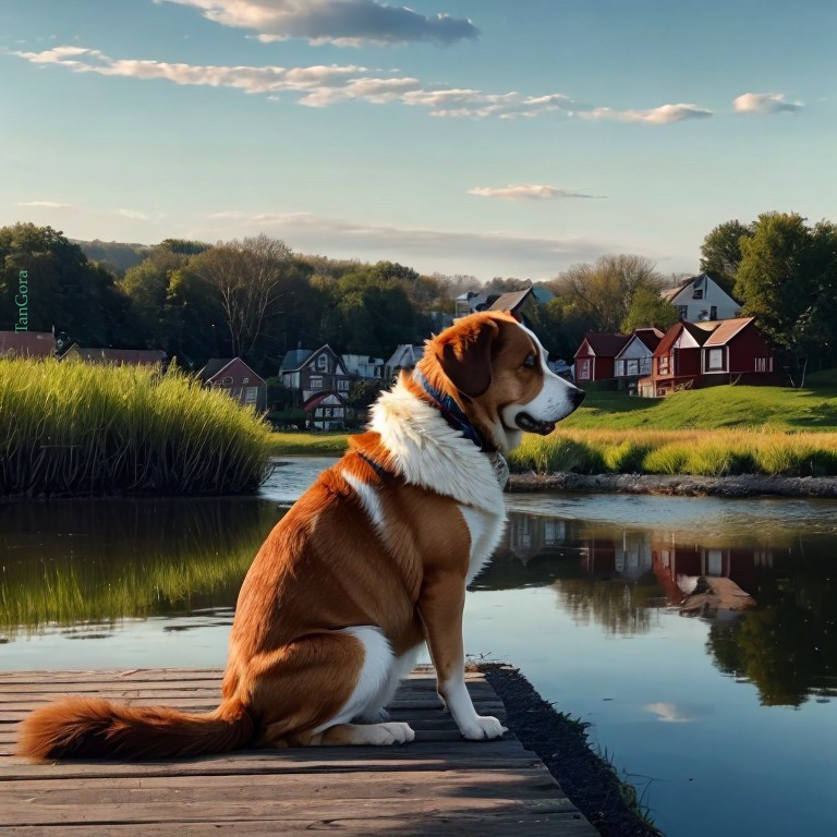 Dog on Dock Overlooking Serene Water and Landscape