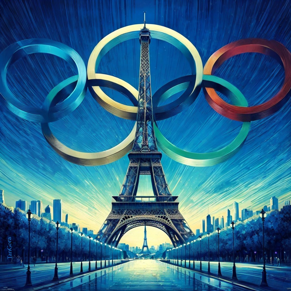 Eiffel Tower Art with Olympic Rings and Cityscape