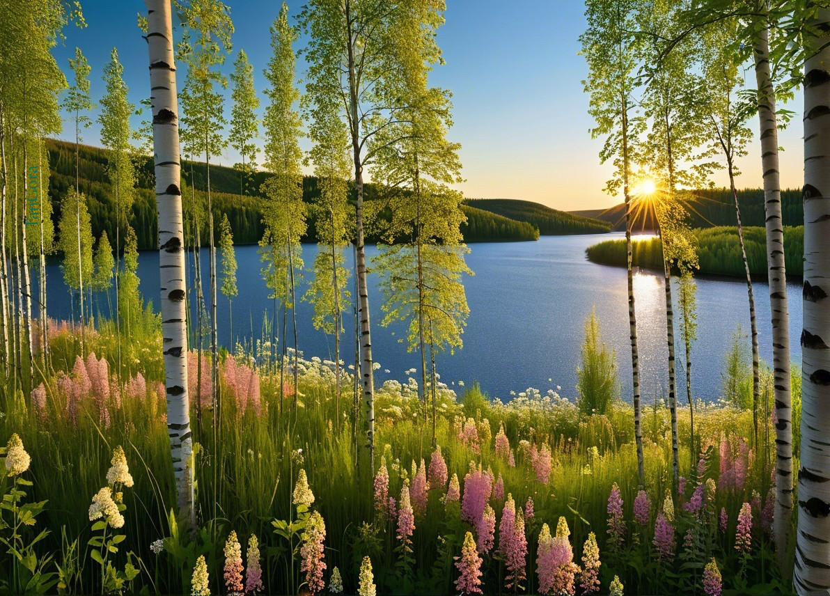 Tranquil Lakeside Scene with Birch Trees and Wildflowers