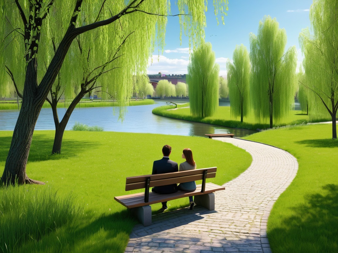Serene park scene with couple by a riverbank