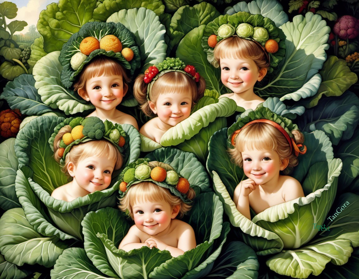 Children in Cabbage Leaves with Fruits and Vegetables