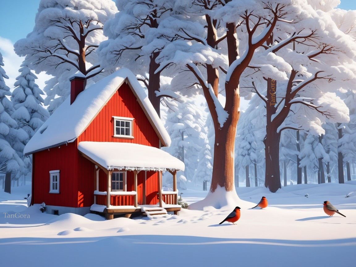 Red Wooden House in Serene Winter Landscape