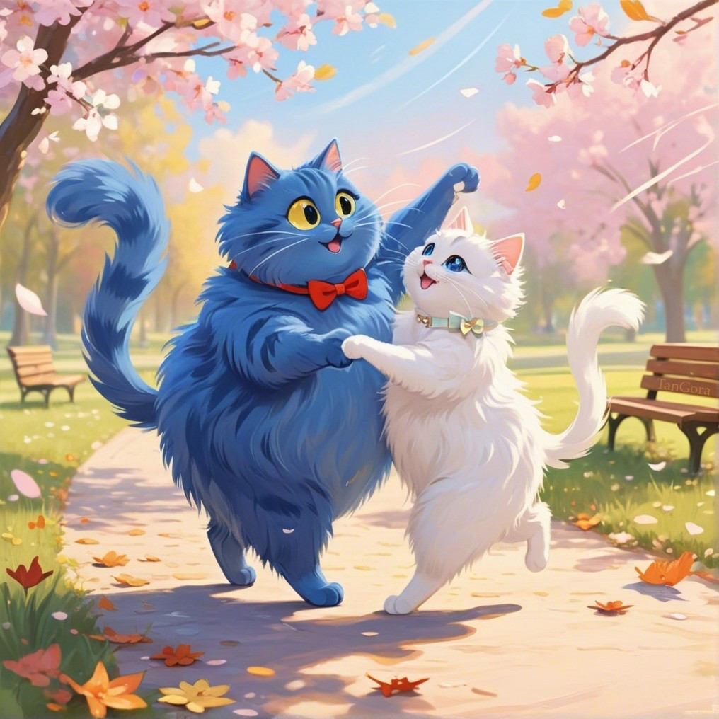 Cherry Blossoms and Cats Dancing in a Vibrant Park