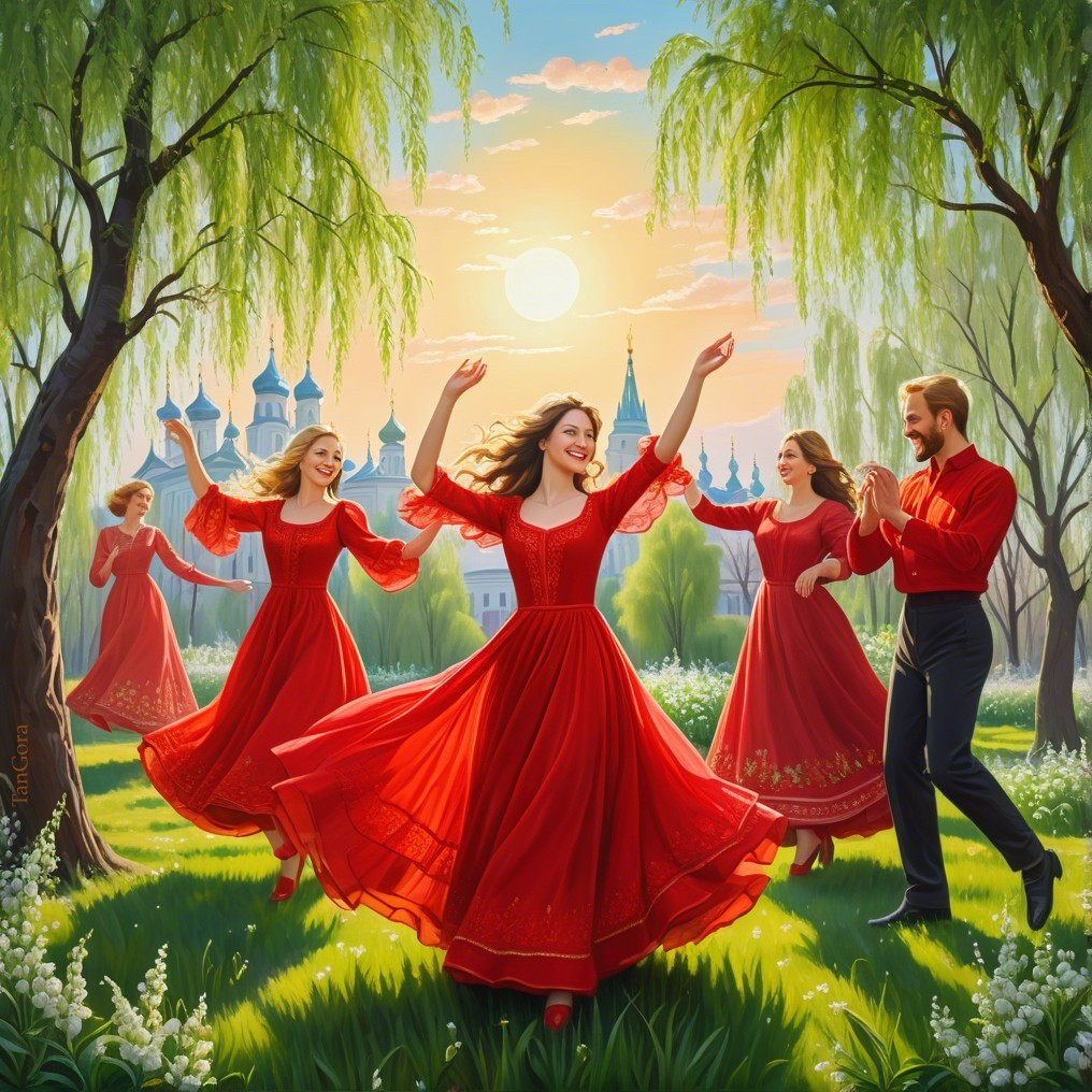 Joyful figures in red dresses dancing in nature