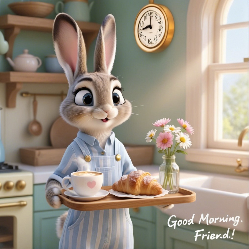 Cheerful Rabbit in Cozy Kitchen with Coffee and Croissant