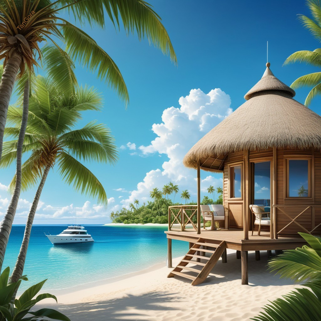 Tropical Scene with Wooden Hut Over Turquoise Waters