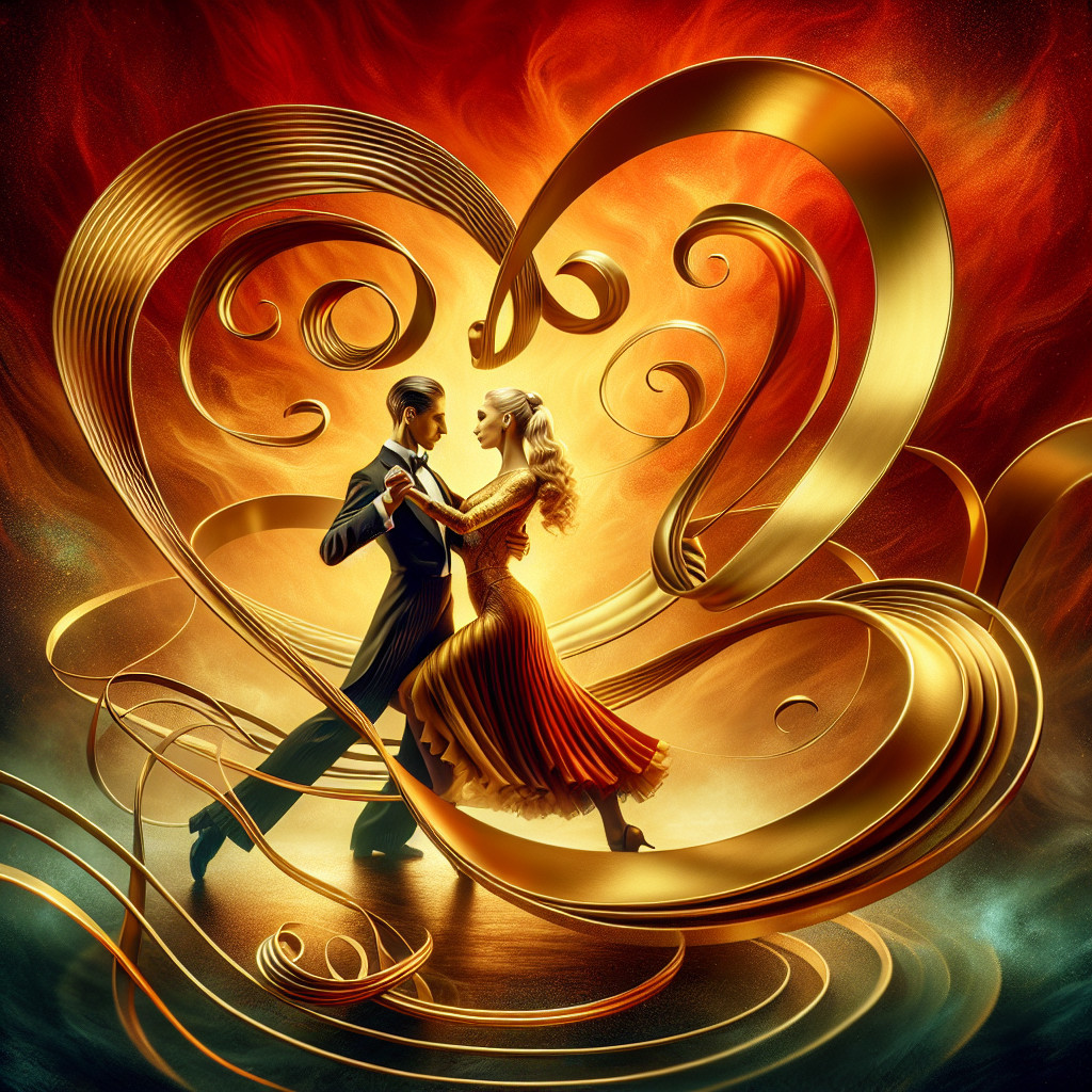 Ballroom Dance in Tuxedo and Red Dress with Ribbons