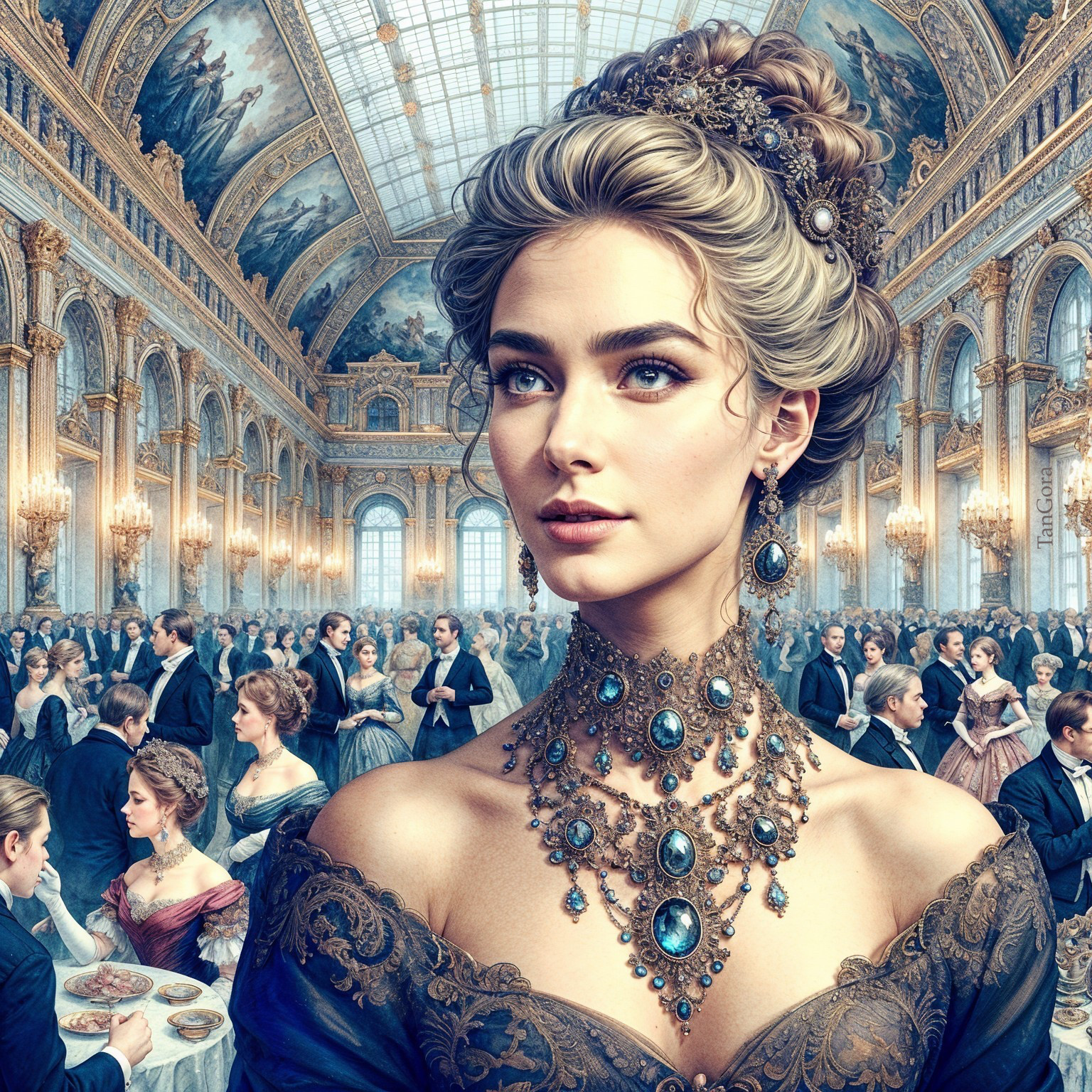 Elegant Ballroom with Guests in Lavish Setting