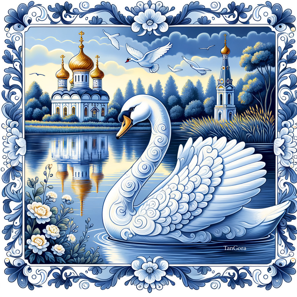 Serene Landscape with Swan and Golden-Domed Churches