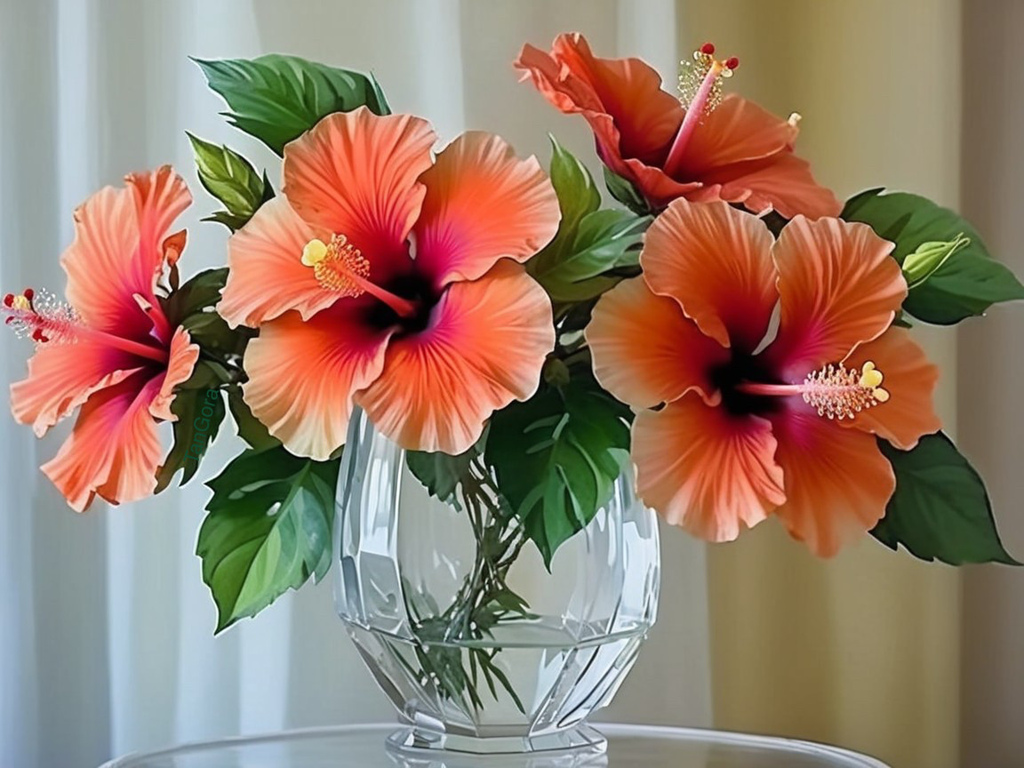 Vibrant Hibiscus Flowers in Clear Glass Vase