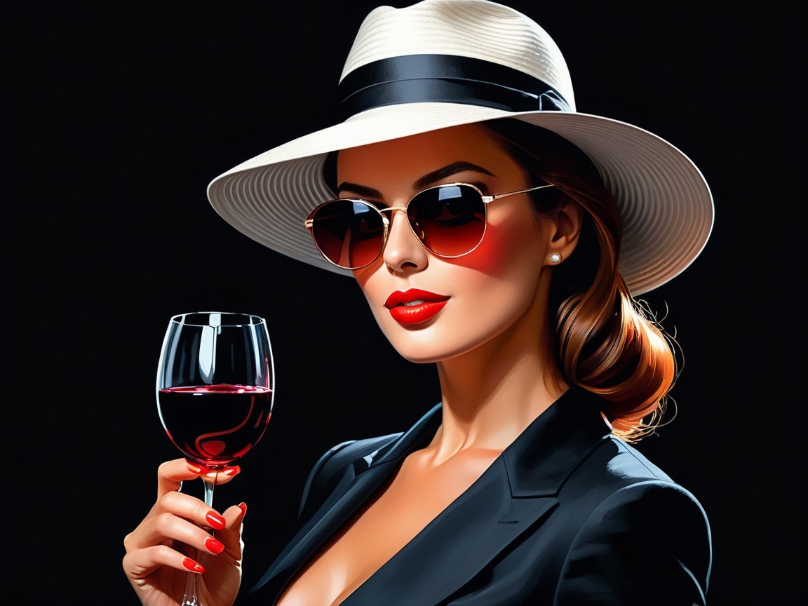 Glamorous Woman in Black Suit with Red Wine