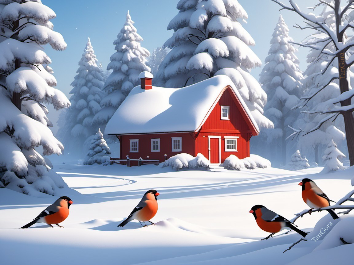 Red House Surrounded by Snowy Trees and Bullfinches