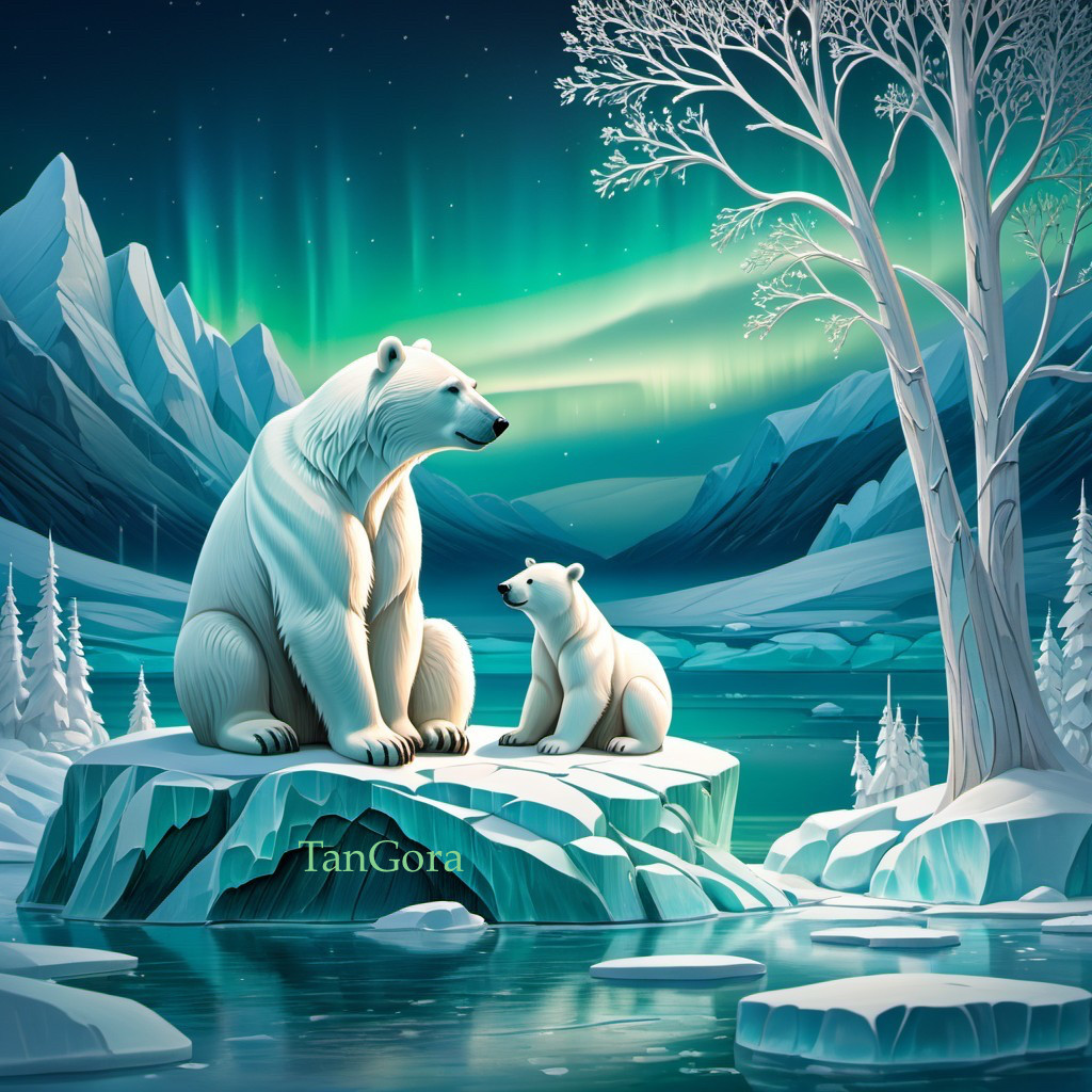 Polar bear and cub on ice floe under northern lights in snowy arctic landscape
