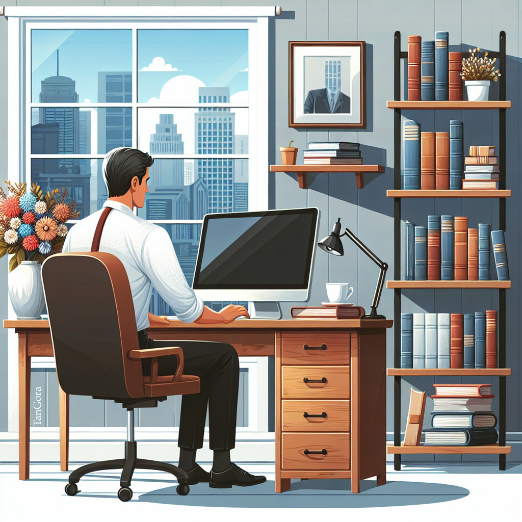 Man at Desk in Bright Office with City View
