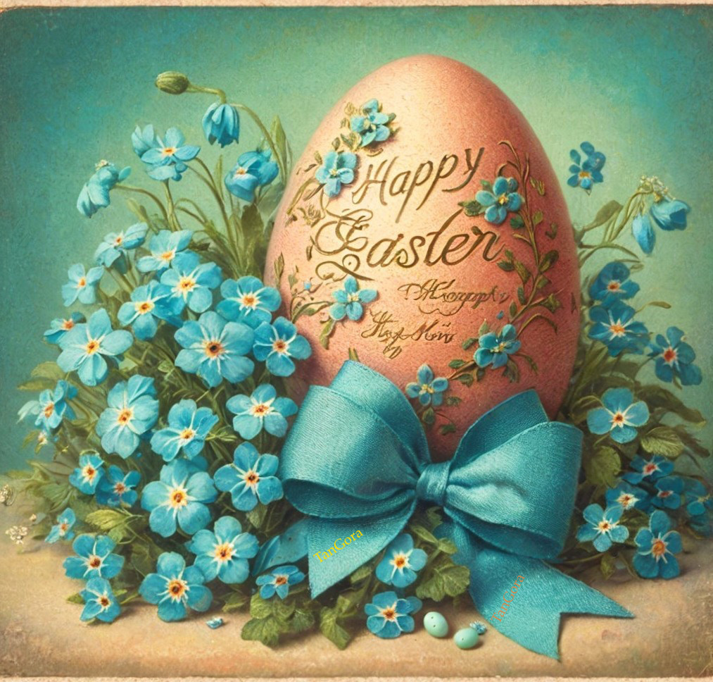 Pastel Easter Egg with Forget-Me-Not Flowers and Ribbon