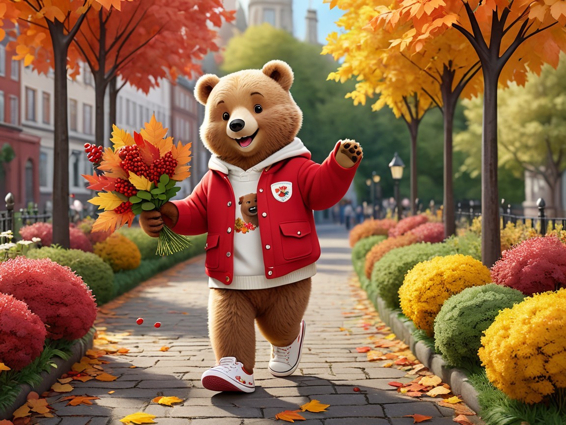 Cheerful animated bear in vibrant autumn park scene
