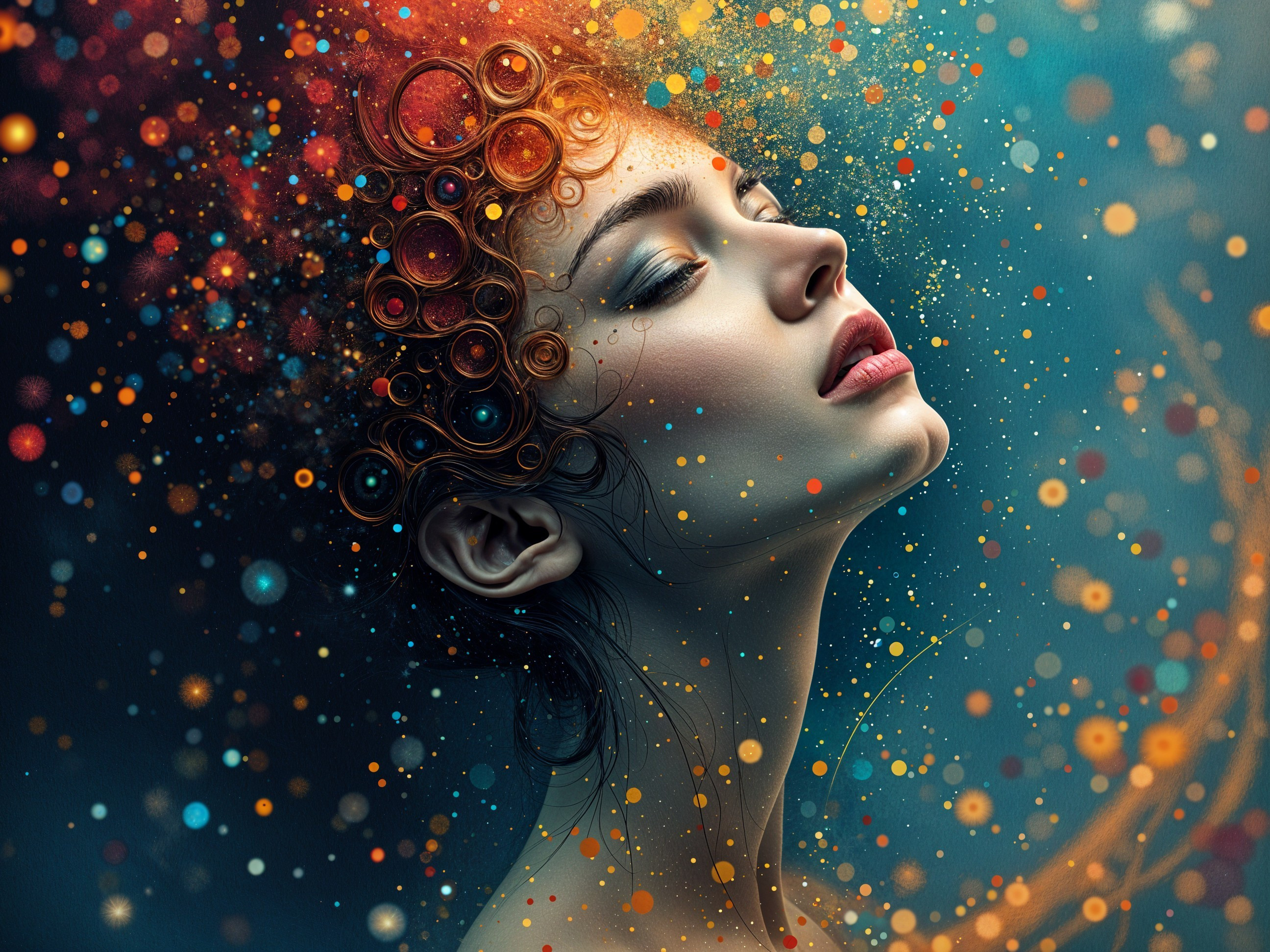 Ethereal Woman with Colorful Hair and Dreamlike Background