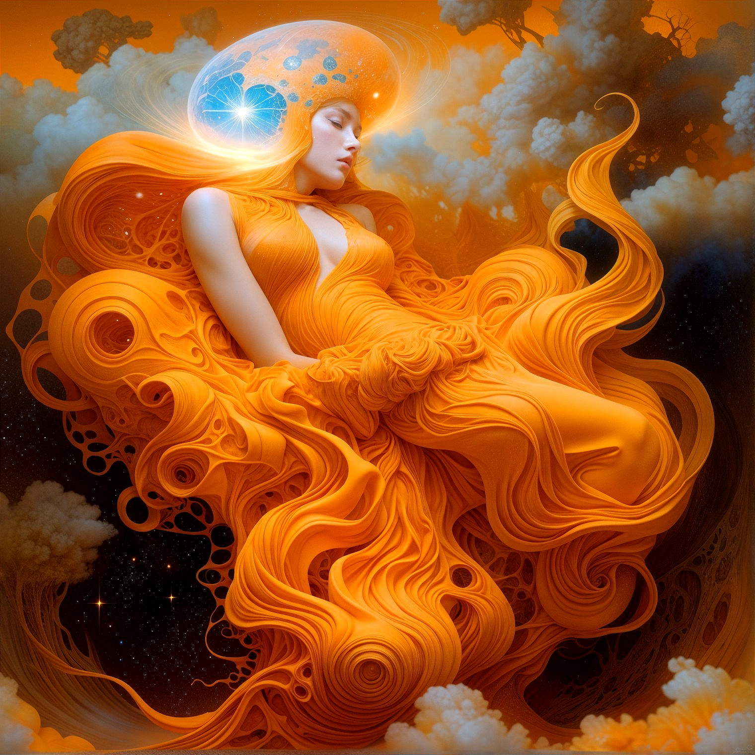 Serene figure in orange fabric among swirling clouds