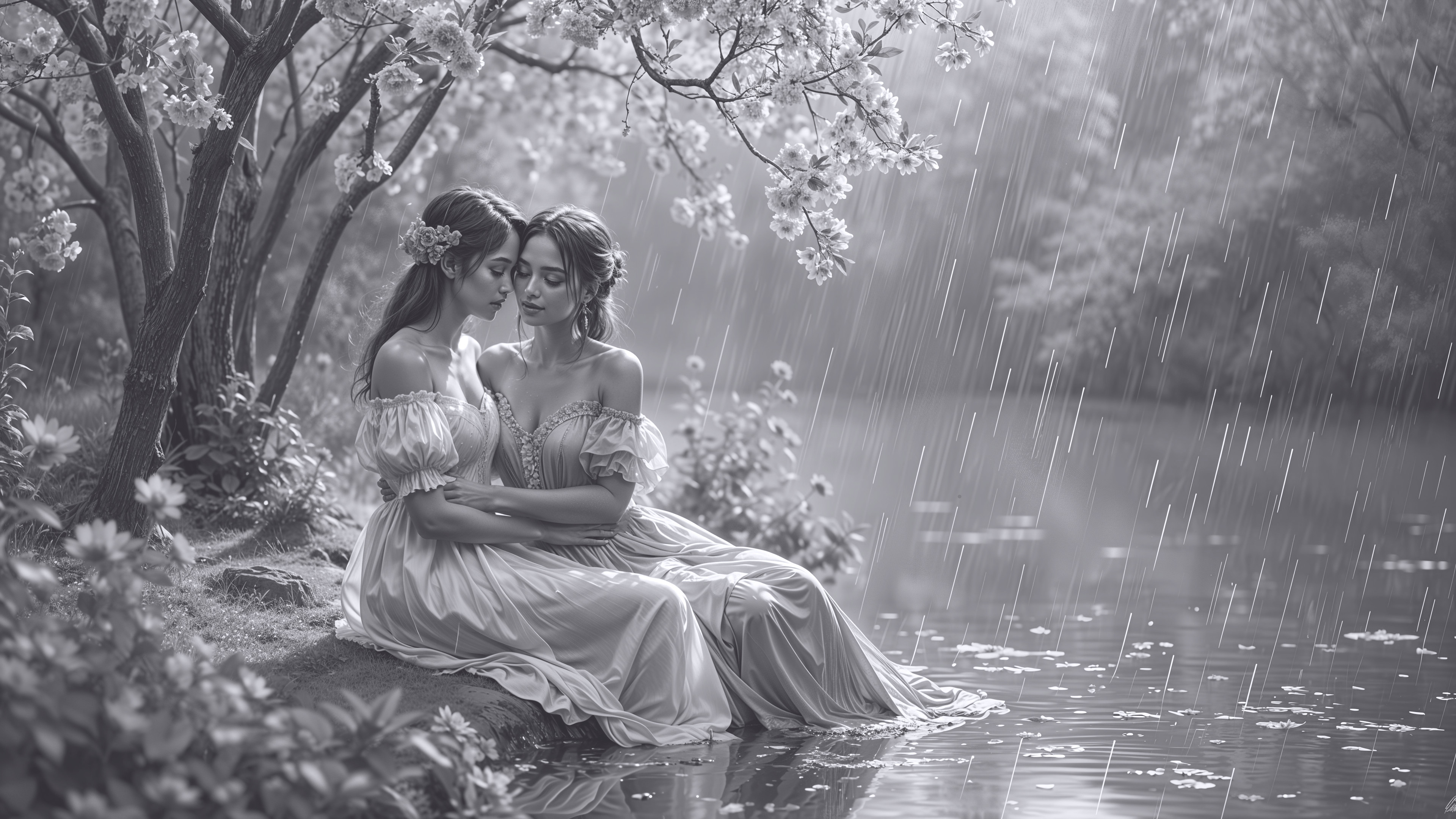 Serene Forest Scene with Women by Tranquil Pond