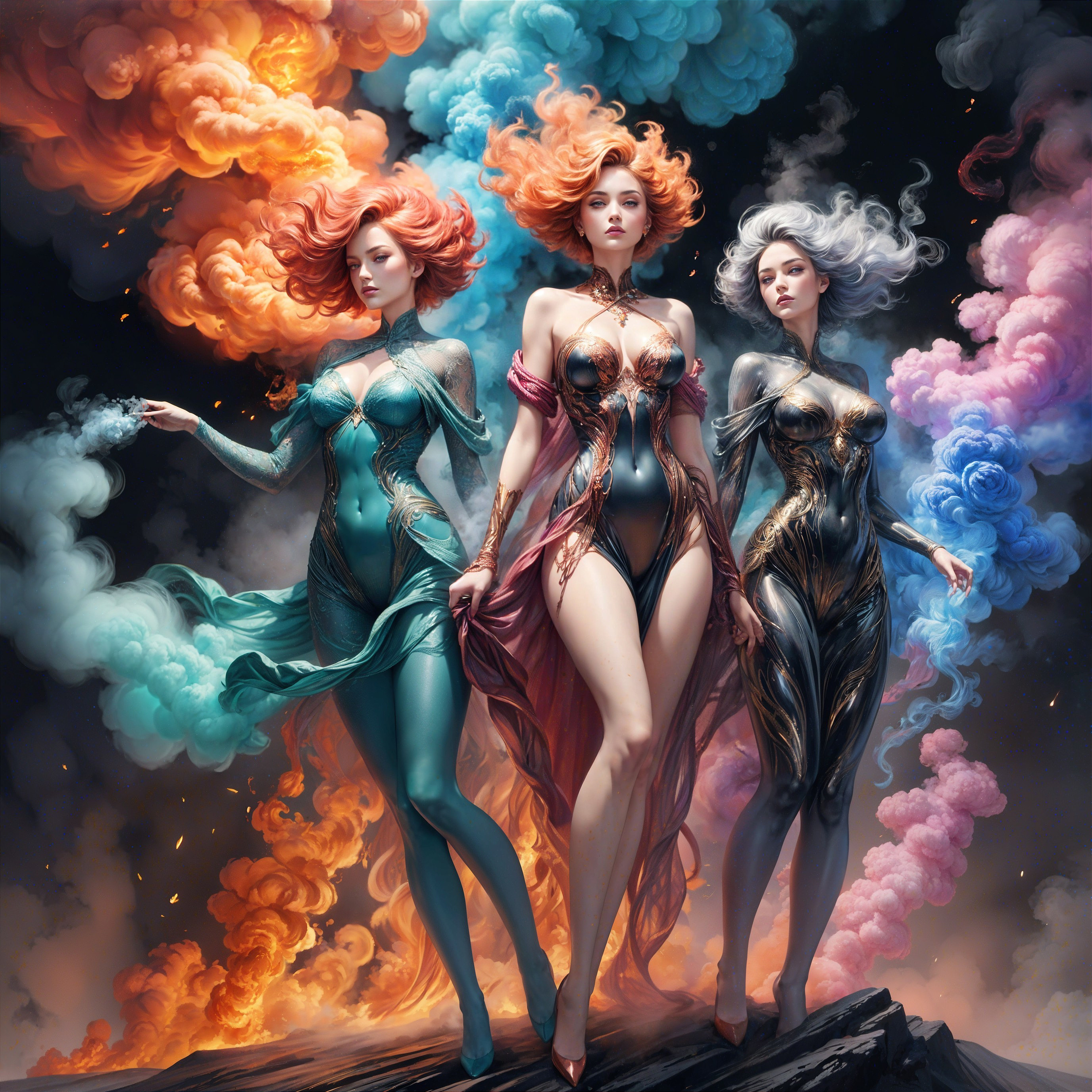 Three figures with vibrant hair in dramatic atmosphere