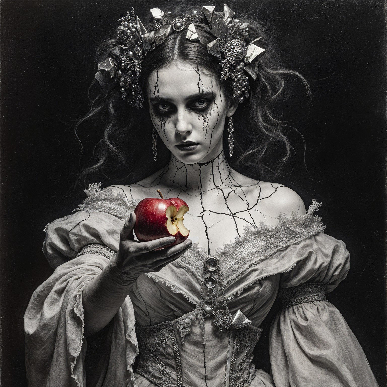 Haunting Figure in Vintage Gown with Red Apple