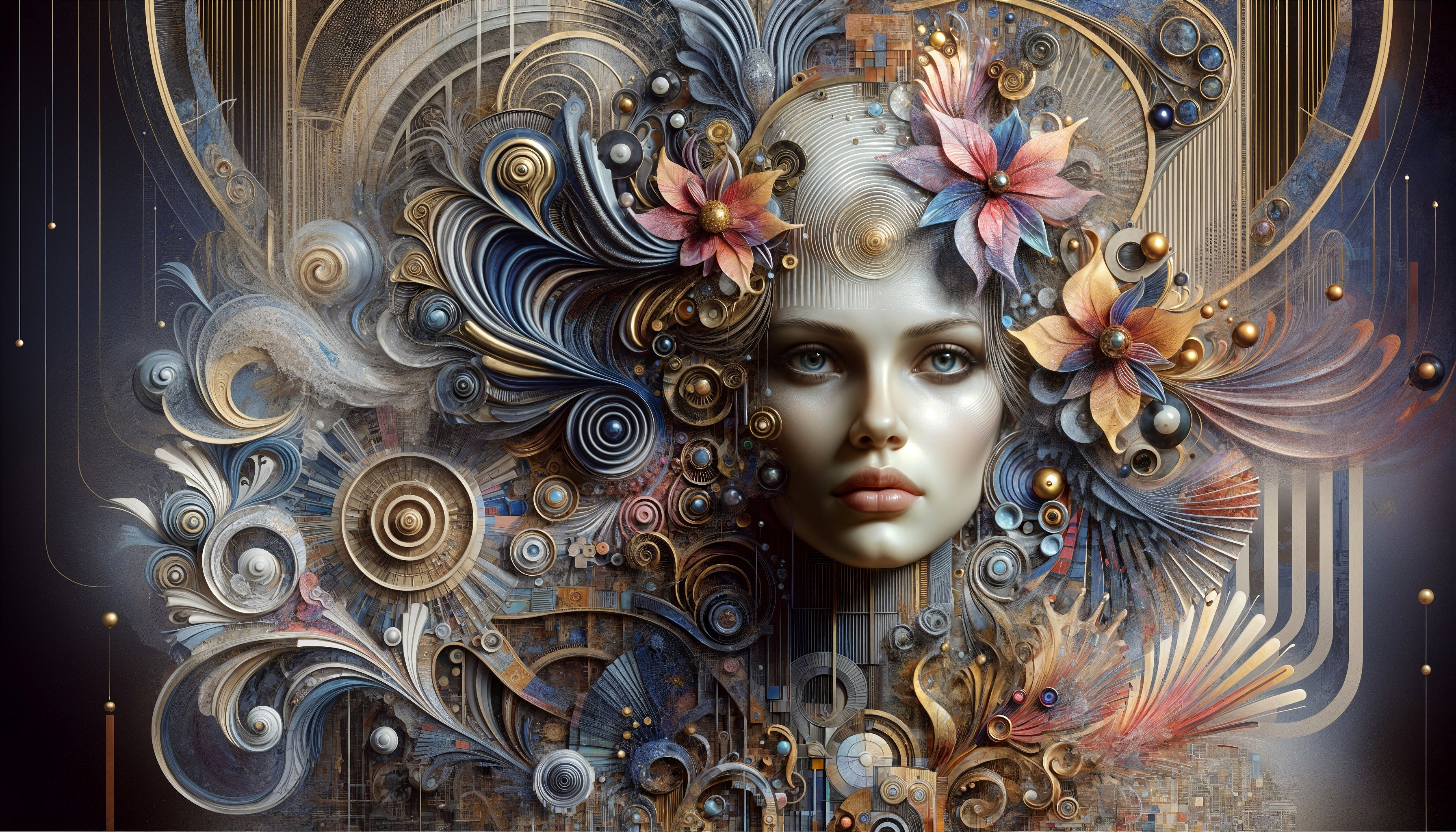Surreal Composition with Stylized Face and Patterns