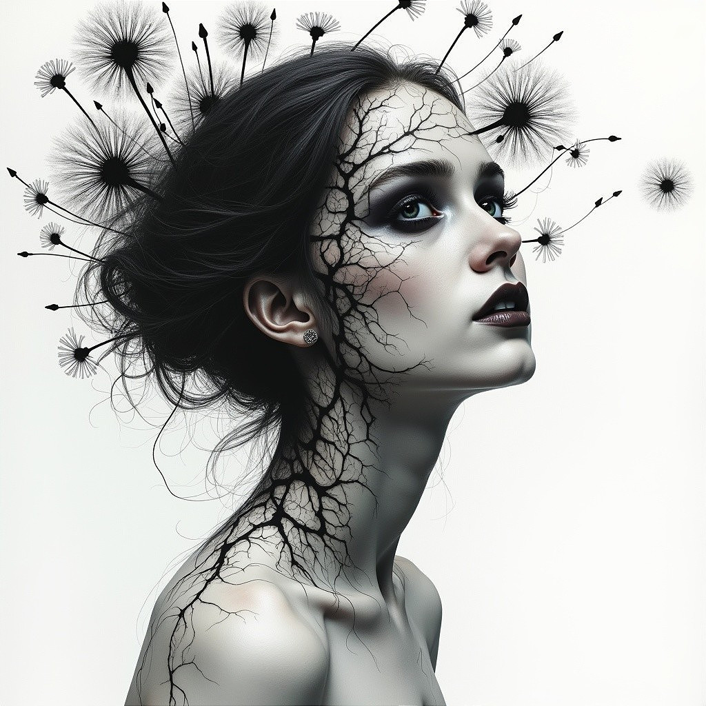 Surreal Portrait of Woman with Nature-Inspired Elements