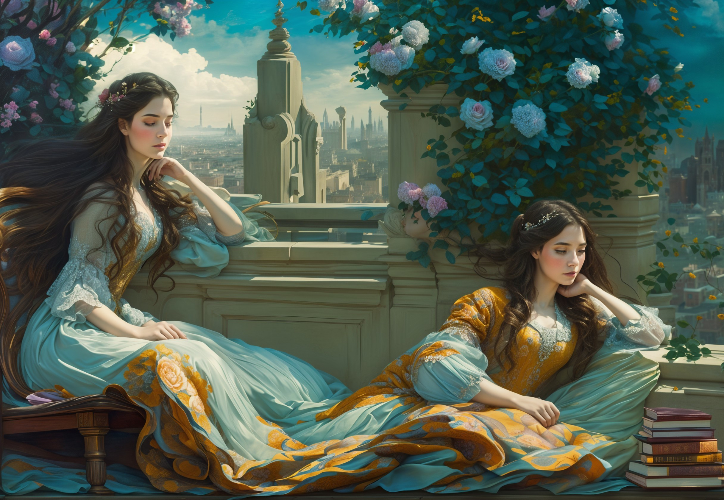 Young Women in Vintage Dresses on a Rose-Adorned Balcony