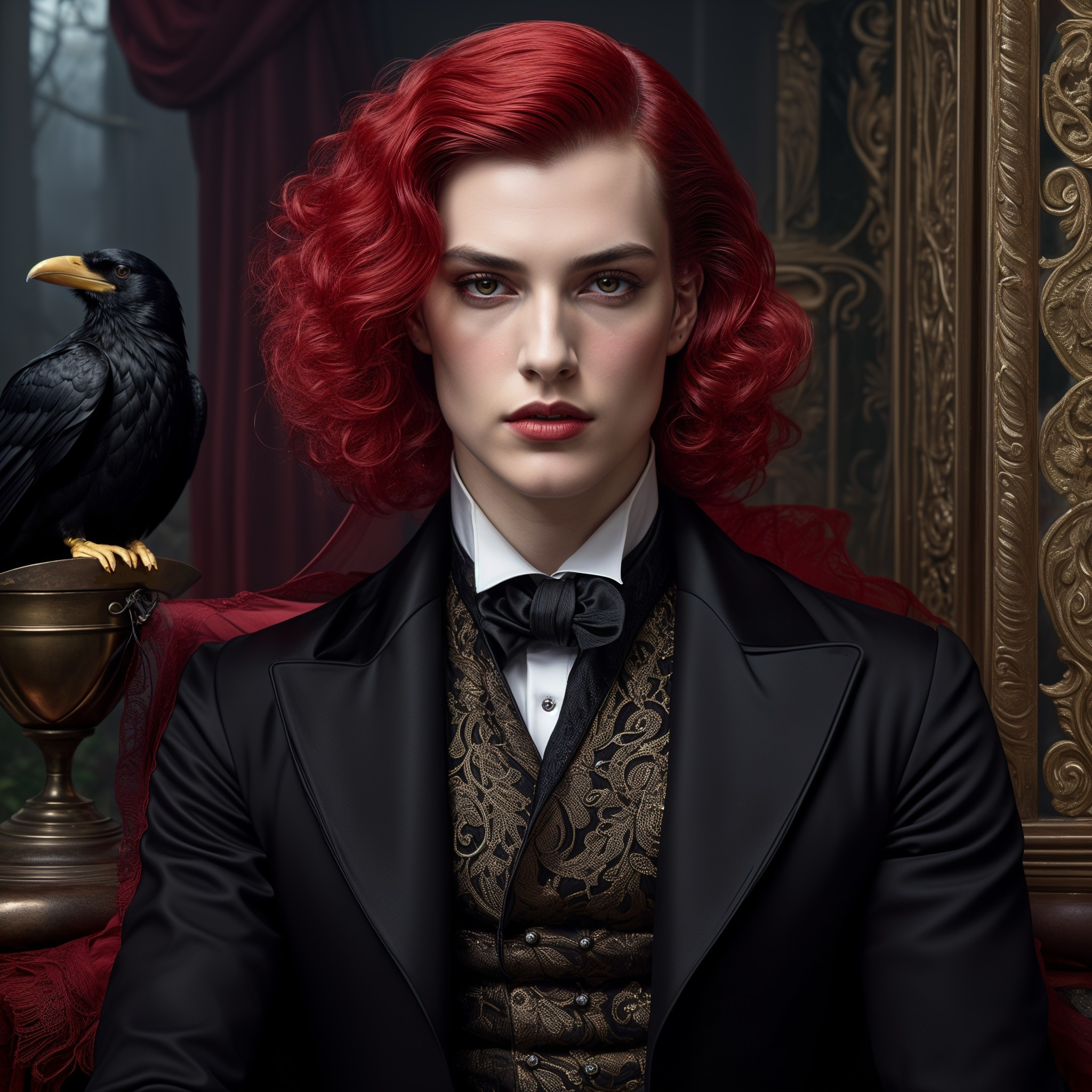 Confident Figure with Red Curls in Gothic Setting