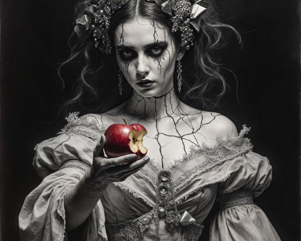 Haunting Figure in Vintage Gown with Red Apple