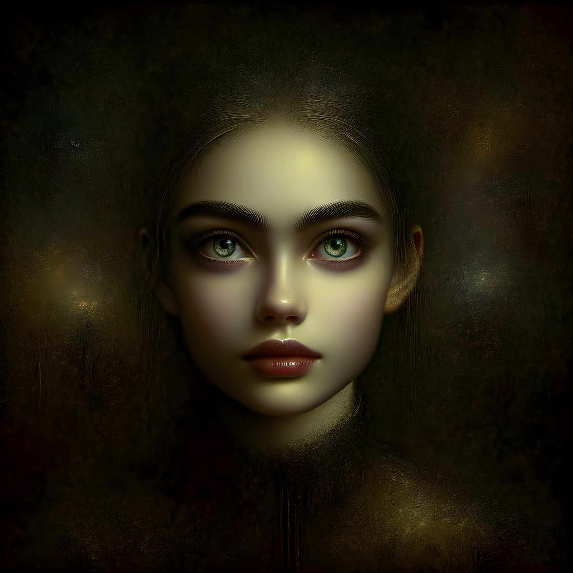 Portrait of young woman with green eyes, dark brows, and full lips on textured background