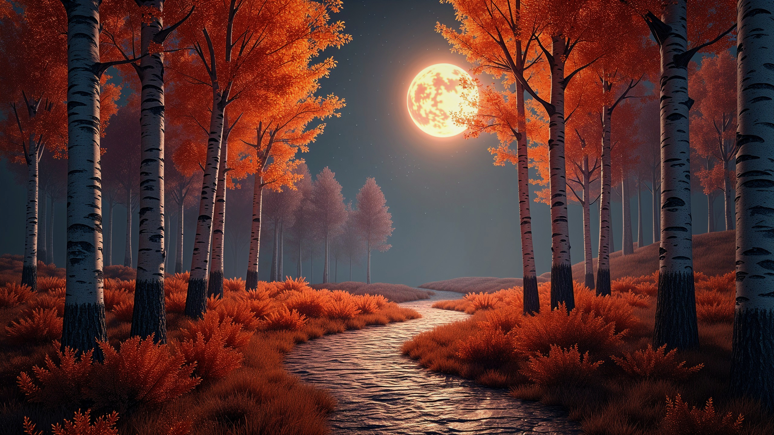 Tranquil Autumn Landscape Under Full Moon Glow