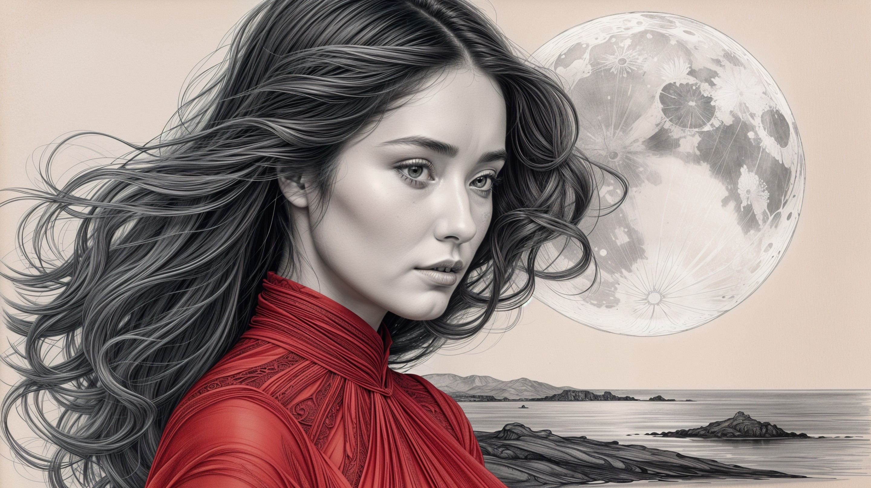 Portrait of a Woman in Red Garment by Moonlit Landscape