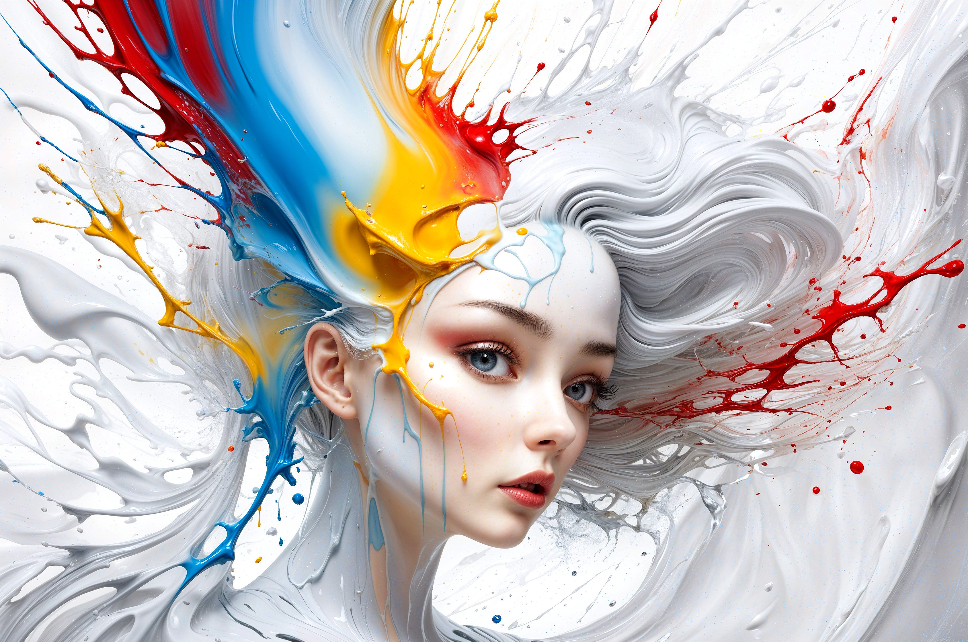 Portrait of a young woman with white hair and vivid colors