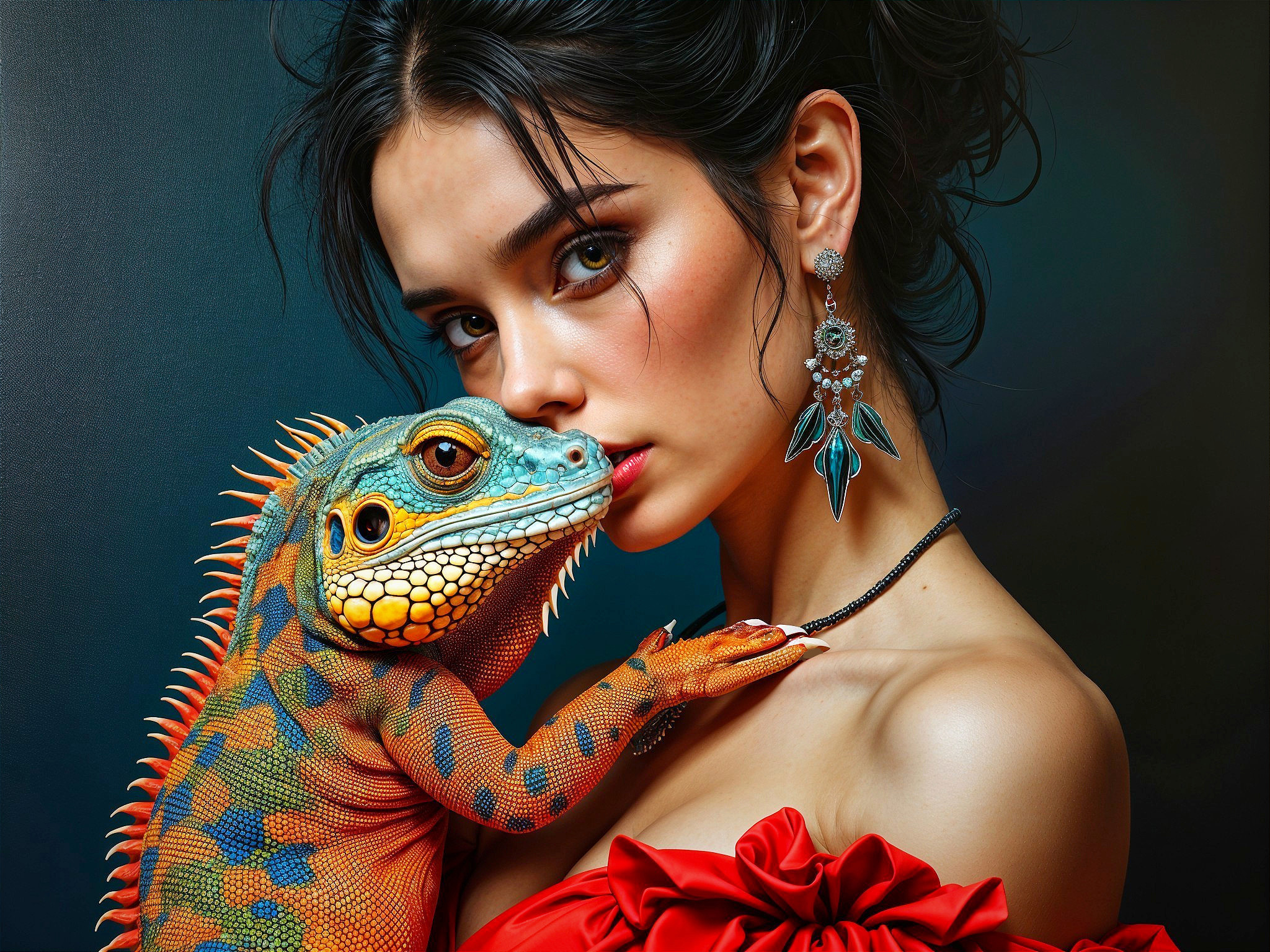 Portrait of a Woman with Lizard in Vibrant Colors