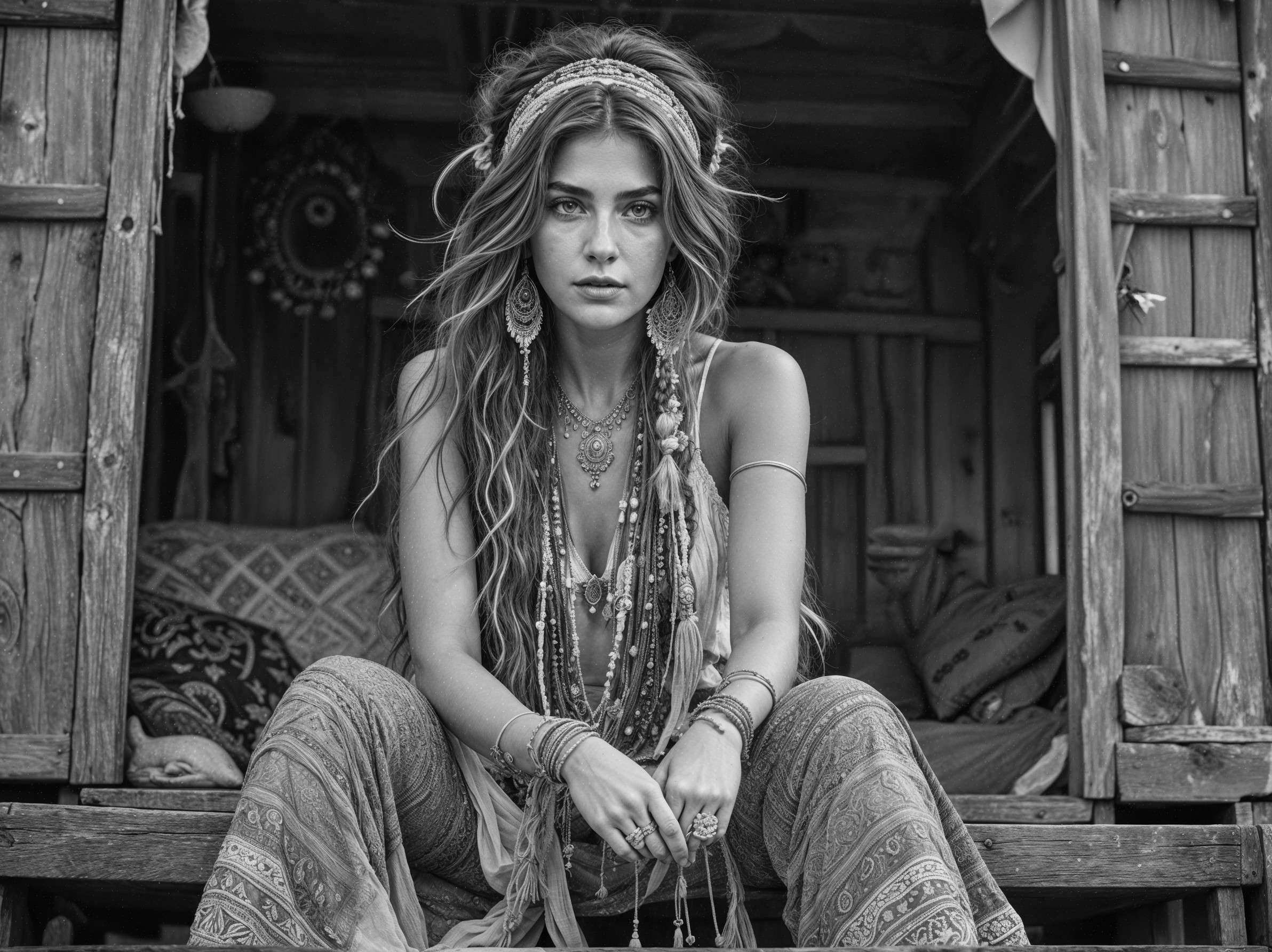 Young Woman on Rustic Cabin Steps in Monochrome