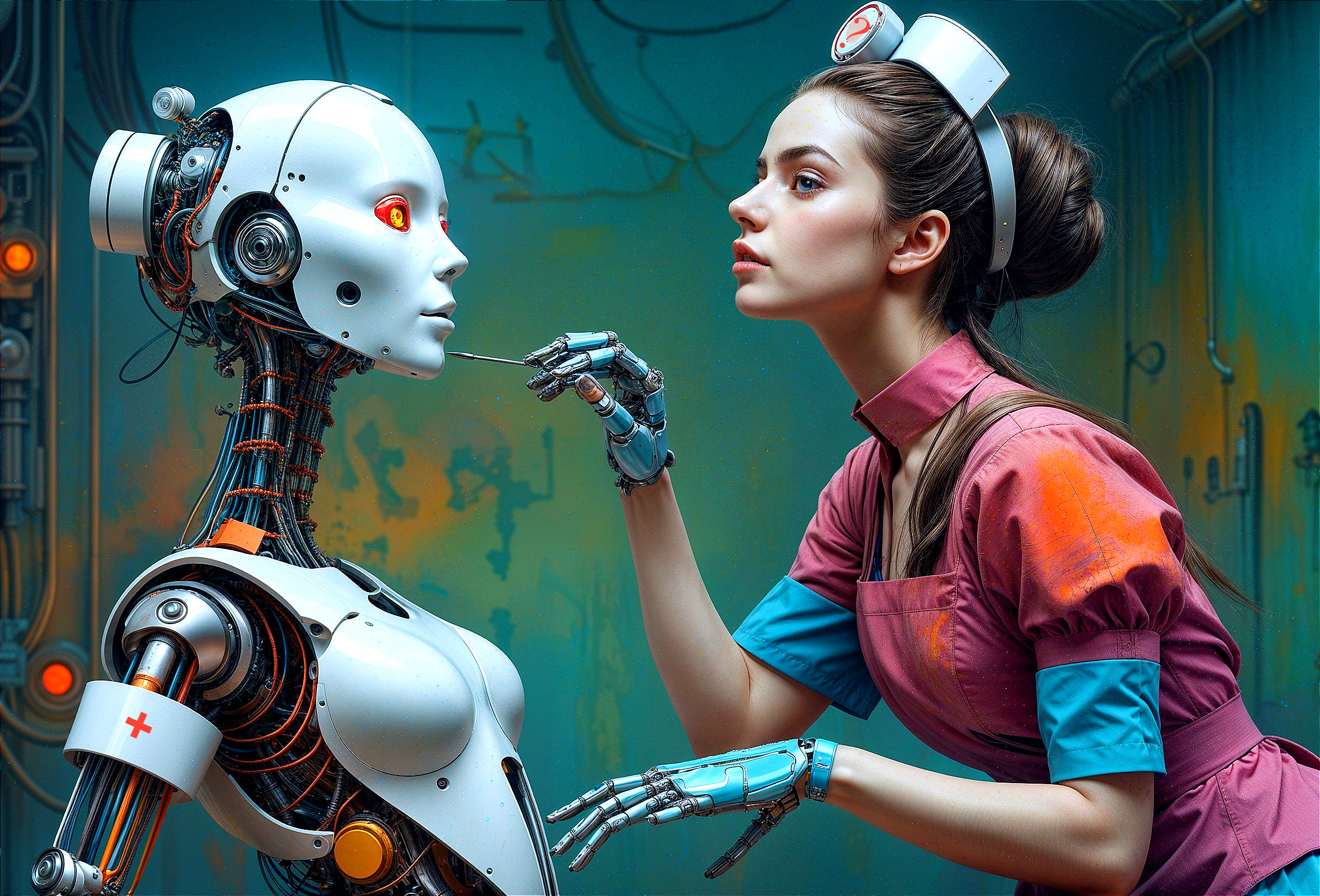 Futuristic Nurse Examines Humanoid Robot in Tech Setting