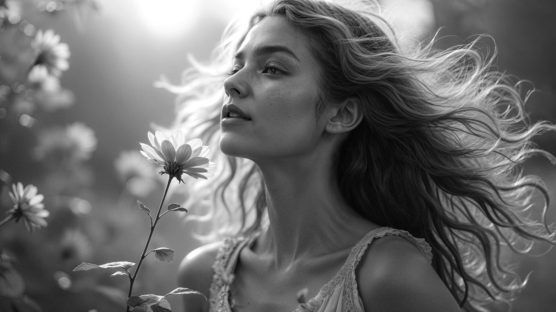 Serene Portrait of a Woman with Flowing Hair and Flowers