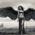 Figure with Black Wings in a Ruined Cityscape