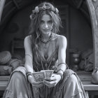 Young Woman on Rustic Cabin Steps in Monochrome