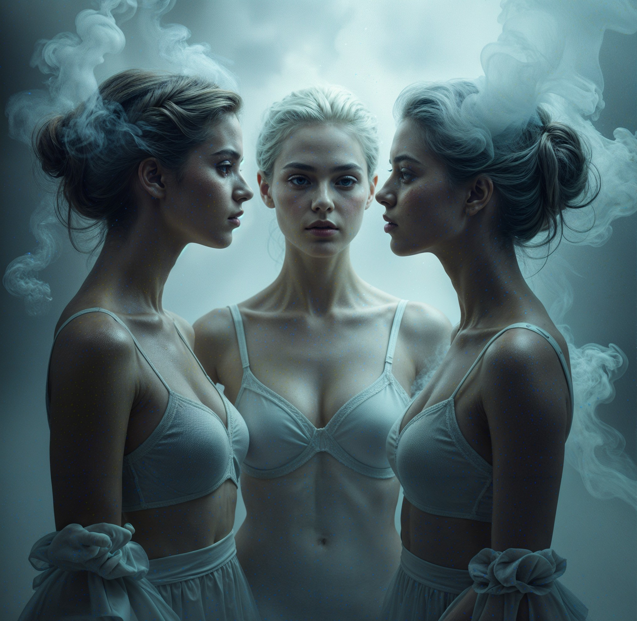 Surreal Composition of Three Ethereal Figures in Lingerie