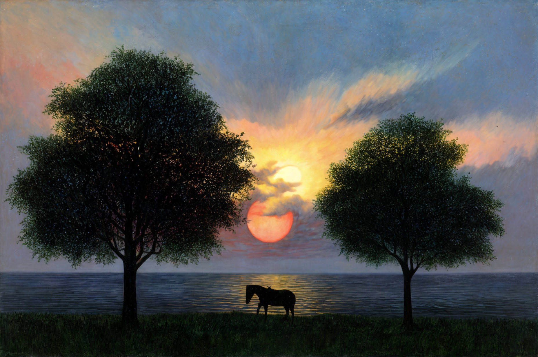 Tranquil Sunset Landscape with Silhouette of Horse