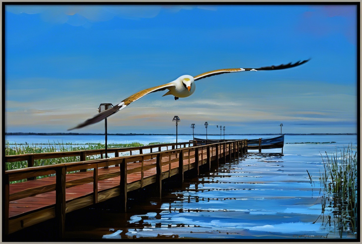 Lakeside Scene with Pier and Soaring Eagle