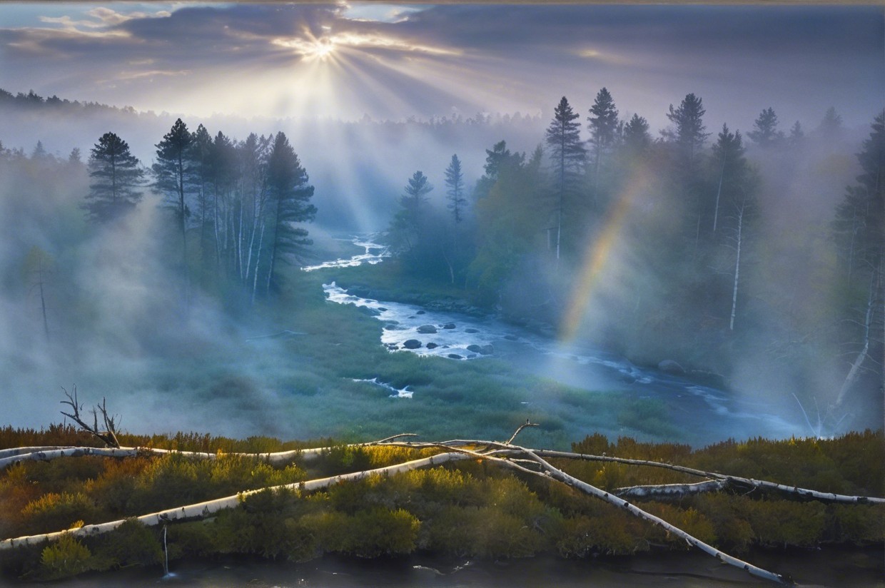 Serene Landscape with Winding River and Misty Forest