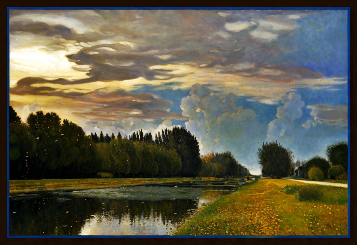 Tranquil River Landscape with Lush Greenery and Sky