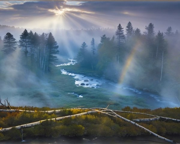Serene Landscape with Winding River and Misty Forest