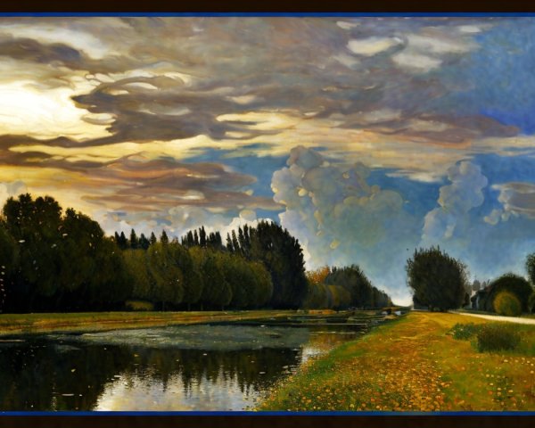 Tranquil River Landscape with Lush Greenery and Sky